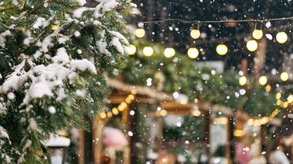 Snowy outdoor scene with evergreen trees and blurred lights creating a festive atmosphere.