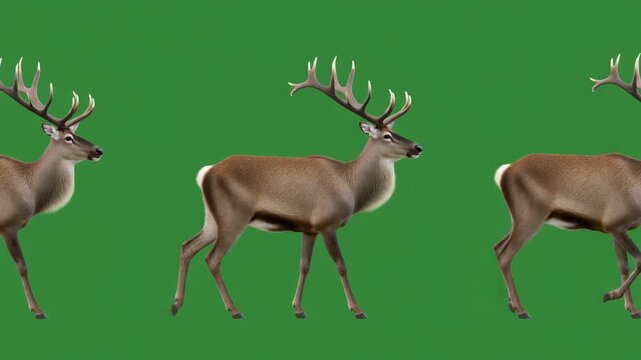 A captivating sequence of three magnificent male deer with impressive antlers, confidently walking against a vivid green screen, highlighting their natural grace and forest presence
