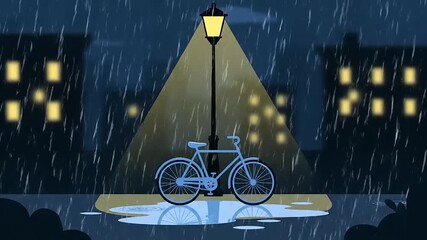 Rainy Night Cityscape with Bicycle and Street Lamp Illustration Animation Background