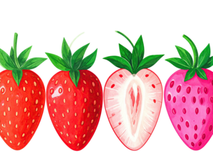 Watercolor depiction of strawberries ripe red fruit, and sliced revealing interior