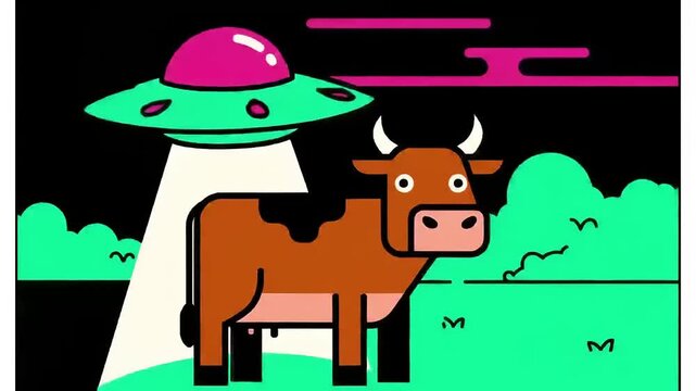 Humorous cartoon animation of a cow being abducted by aliens in their UFO spaceship