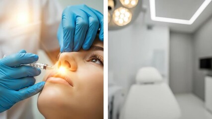 Caucasian woman receiving facial injections by beautician in clinic with medical chair, showcasing cosmetic procedure for aesthetic enhancement