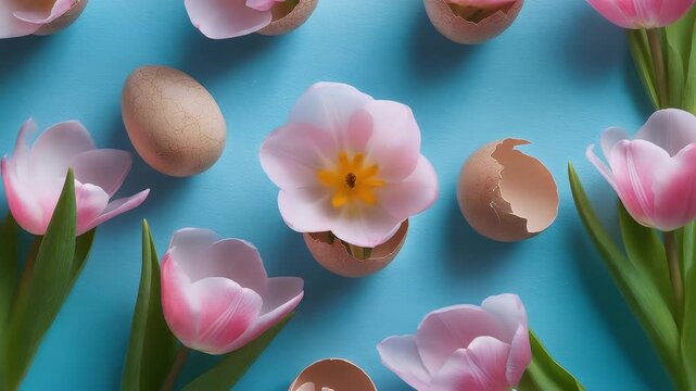 Pink Tulip Flowers Emerging From Egg Shells On A Bright Blue Background Springtime Easter Concept