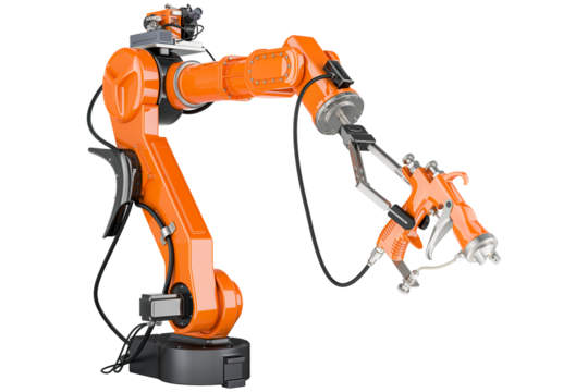 Robotic Arm with electrostatic air spray gun, transparent background - Powered by Adobe