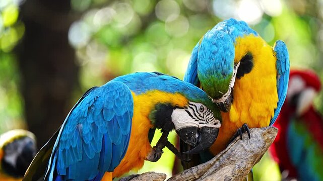 Two blue-and-yellow macaws perch close together, grooming and nuzzling each other against a soft, green forest backdrop in Bangkok