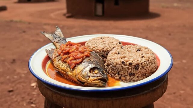 Authentic dish of smoked fish with atassi rice and stew served outdoors in a rural village