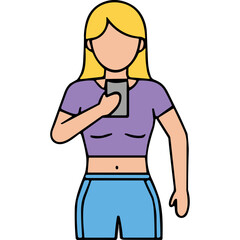 Obraz premium Woman With Blonde Hair Wearing A Purple Crop Top And Blue Shorts Holding A Smartphone With Both Hands In A Neutral Pose Against A Black Background