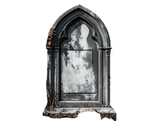 Weathered, gothic-style tombstone, chipped edges and faded surface, against black