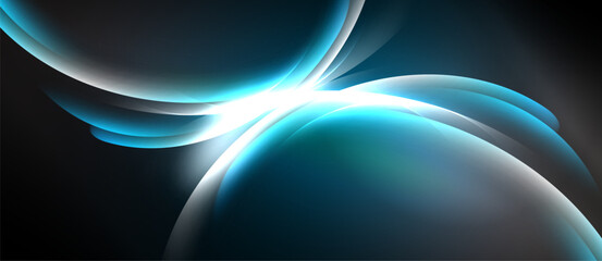 Abstract shapes, flowing lines, cool colors dominate dark background. Bright light emanates from center, creating dynamic visual effect.