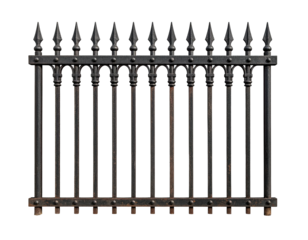 Ornate, black, wrought iron fence section. Tall vertical bars and decorative finials