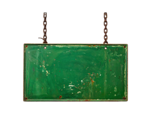 Weathered, rectangular green sign suspended by rusty chains, against a stark black background