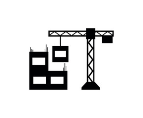 Construction Crane Lifting House Icon, Real Estate Development Sign, Building Project Silhouette on Transparent Background