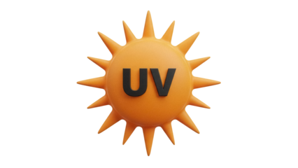 Orange sun with UV letters isolated PNG, ultraviolet radiation protection concept for sunscreen products and summer safety, on transparent background