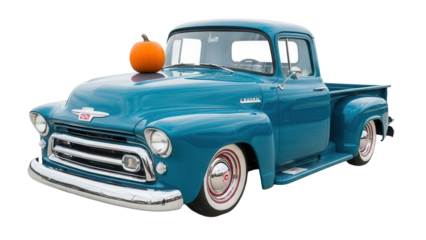 Classic turquoise pickup truck with pumpkin isolated PNG, vintage vehicle on transparent background for autumn and transportation themes
