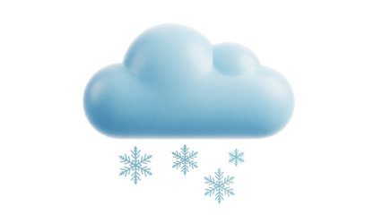 Light blue cloud with snowflakes PNG isolated on transparent background, weather forecast element for winter season and holiday designs