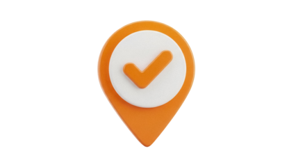 Orange location pin with check mark PNG isolated, map pointer icon for navigation and destination on transparent background