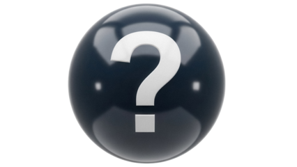 Glossy dark blue sphere with question mark isolated PNG, 3D rendering on transparent background, uncertainty and problem solving concept