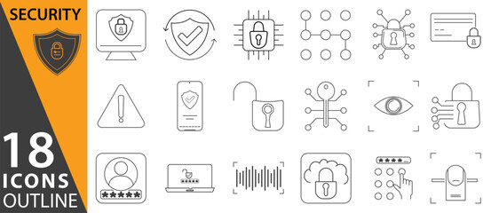 Eighteen security icons outline featuring shield, padlock, eye scan, cloud and other security symbols