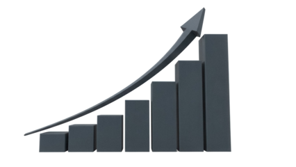 Dark gray bar graph with arrow pointing up isolated on transparent background, business growth concept in PNG format for presentations