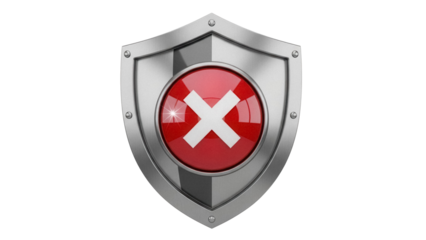 Metal shield with red cross isolated PNG, protection symbol on transparent background, security icon for graphic design and web use