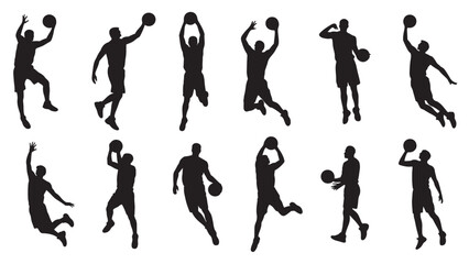 black silhouettes of basketball players in various action © Toob