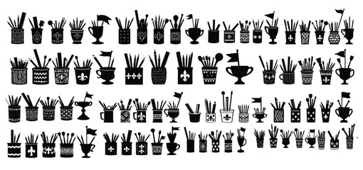 Black silhouettes of art supplies in containers and trophies