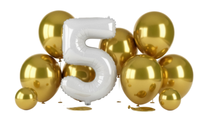 Festive number 5 balloon isolated PNG on transparent background, golden balloons for birthday party decoration and celebration