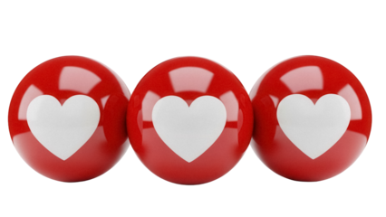 Three red heart emoji balls isolated PNG, love and romance concept for social media and digital communication on transparent background