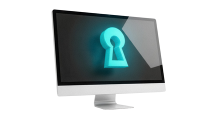 Modern computer monitor with a blue padlock on screen isolated PNG, cybersecurity and data protection concept for digital safety
