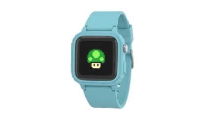 Aqua smartwatch with pixelated mushroom isolated PNG, wearable tech gadget with retro gaming design for health and fitness tracking
