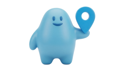 Cute blue blob character holding a map pin PNG isolated, cartoon mascot for location services and navigation apps