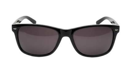 Classic black wayfarer sunglasses isolated PNG, retro eyewear with dark lenses for sun protection and fashion accessory on transparent background