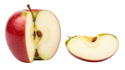 Sliced red apple isolated PNG on transparent background, fresh fruit with seeds and juicy flesh for healthy eating and cooking