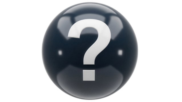 Glossy dark blue sphere with question mark isolated PNG, 3D rendering on transparent background, uncertainty and problem solving concept