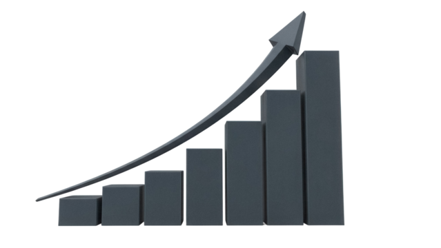 Dark gray bar graph with arrow pointing up isolated on transparent background, business growth concept in PNG format for presentations