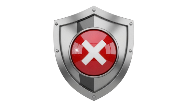 Metal shield with red cross isolated PNG, protection symbol on transparent background, security icon for graphic design and web use