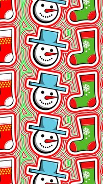 Seamless animation of illustration of icemen and socks with lines wave effect. Hypnotic Christmas background.