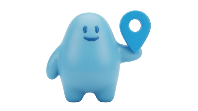Cute blue blob character holding a map pin PNG isolated, cartoon mascot for location services and navigation apps
