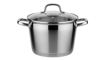 Stainless steel cooking pot with glass lid isolated PNG, cookware for kitchen use on transparent background, shiny metal stockpot