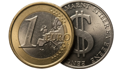 One Euro coin and Bitcoin coin isolated PNG, cryptocurrency and European currency, financial technology and digital money on transparent background