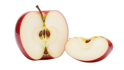 Sliced red apple isolated PNG on transparent background, fresh fruit cut in half and a slice for healthy eating and cooking