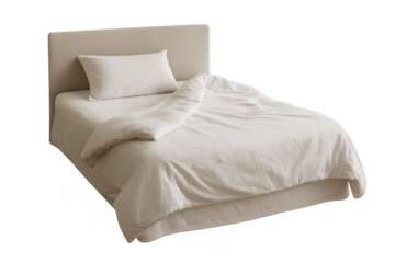 Minimalist bedroom bed with white linen bedding, comfortable inviting sleeping space, isolated, transparent background