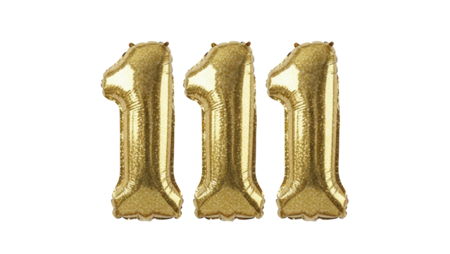 Golden number 111 balloon isolated PNG on transparent background, festive decoration for birthday party and anniversary celebration