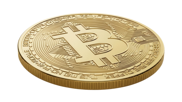 Golden Bitcoin coin isolated PNG, cryptocurrency digital money for investment and finance, decentralized peer-to-peer network, blockchain technology