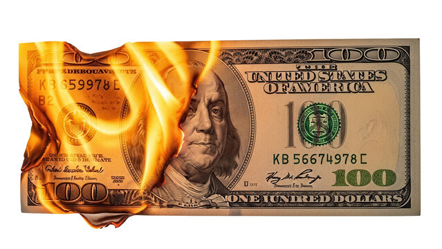 Burning one hundred dollar bill isolated PNG, financial crisis concept on transparent background, money destruction and economic loss