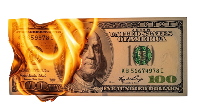 Burning one hundred dollar bill isolated PNG, financial crisis concept on transparent background, money destruction and economic loss - Powered by Adobe