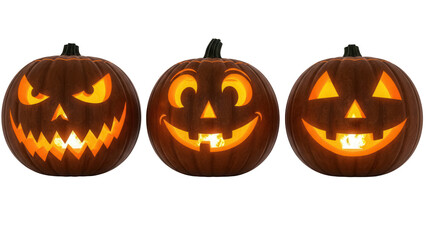 Three Halloween pumpkins with carved faces isolated PNG, spooky jack-o -lanterns on transparent background for holiday decoration and design