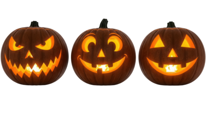 Three Halloween pumpkins with carved faces isolated PNG, spooky jack-o -lanterns on transparent background for holiday decoration and design