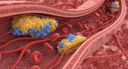Close-up 3D illustration of arterial plaque buildup with red blood cells flowing through a blood vessel.