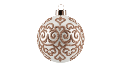 Elegant Christmas ornament PNG isolated on transparent background, white bauble with gold glitter swirls for holiday decoration